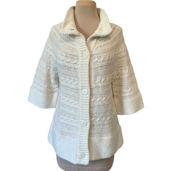 Coldwater Creek Sweaters - Coldwater Creek Women's Ivory Wool Button Sequin Cable Knit Cardigan, Size M